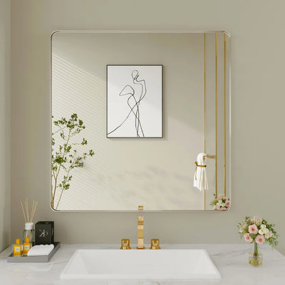 28" X 36" Filleted Corner Wall Mounted Mirror, Bathroom Mirror, Vanity Wall Mirror With Metal Frame