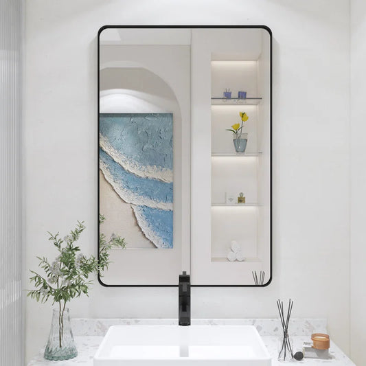 24" x 36"（ Black）Filleted Corner Wall Mounted Mirror, Bathroom Mirror, Vanity Wall Mirror With Aluminum Frame