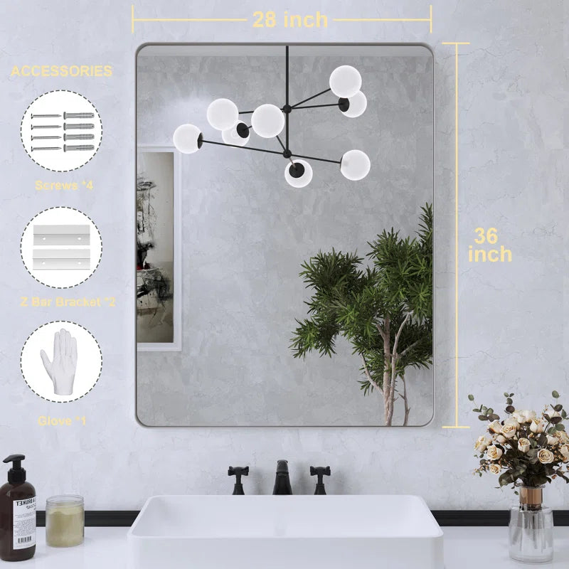 60" X 28" Filleted Corner Wall Mounted Mirror, Bathroom Mirror, Vanity Wall Mirror With Metal Frame