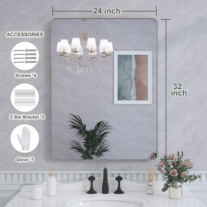 60" X 28" Filleted Corner Wall Mounted Mirror, Bathroom Mirror, Vanity Wall Mirror With Metal Frame