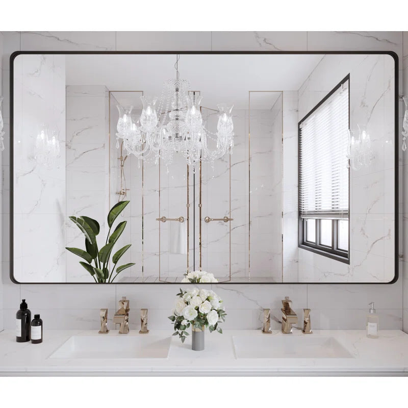 60" x 36"Filleted Corner Wall Mounted Mirror, Bathroom Mirror, Vanity Wall Mirror With Metal Frame