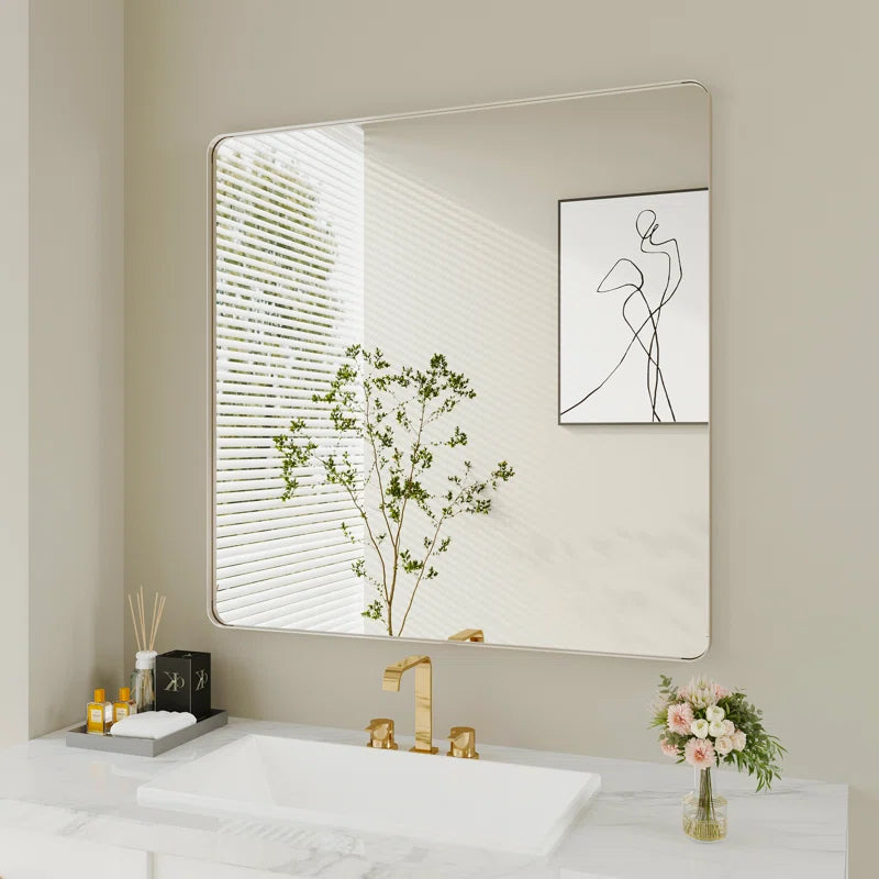 60" X 28" Filleted Corner Wall Mounted Mirror, Bathroom Mirror, Vanity Wall Mirror With Metal Frame