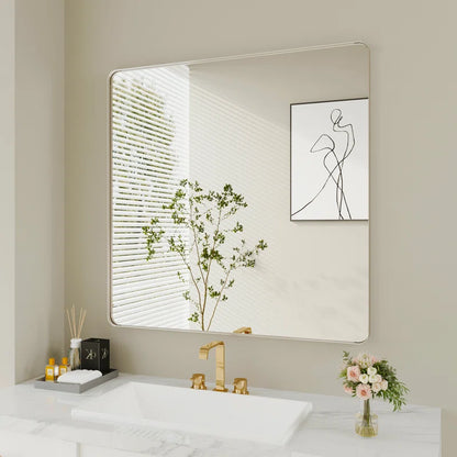 60" X 28" (Silver) Filleted Corner Wall Mounted Mirror, Bathroom Mirror, Vanity Wall Mirror With Metal Frame