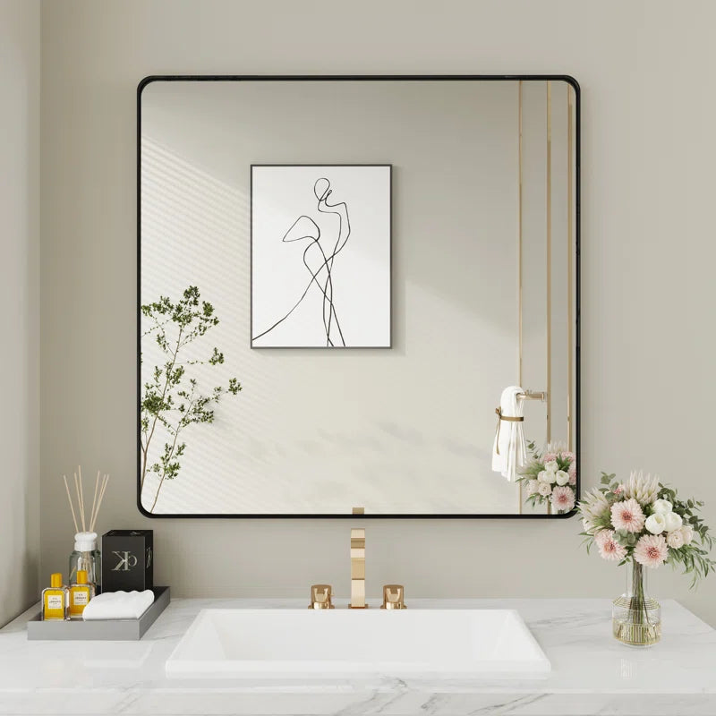 28" X 36" Filleted Corner Wall Mounted Mirror, Bathroom Mirror, Vanity Wall Mirror With Metal Frame