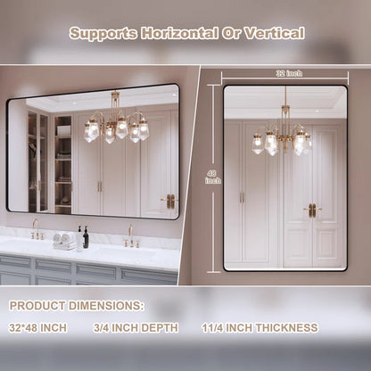 48" X 32" Filleted Corner Wall Mounted Mirror, Bathroom Mirror, Vanity Wall Mirror With Metal Frame