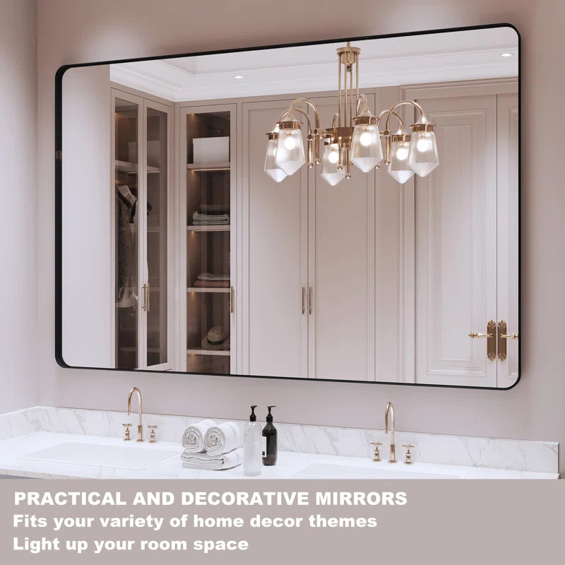 48" X 32" Filleted Corner Wall Mounted Mirror, Bathroom Mirror, Vanity Wall Mirror With Metal Frame