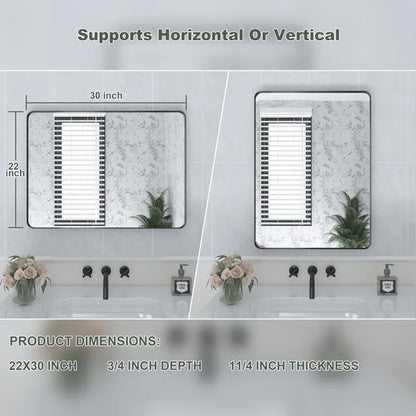 22 X 30" Filleted Corner Wall Mounted Mirror, Bathroom Mirror, Vanity Wall Mirror With Metal Frame