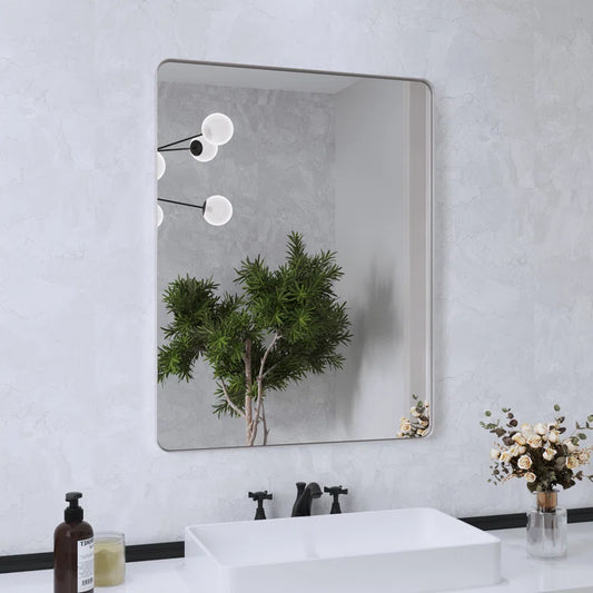 40" X 32"(Silver) Filleted Corner Wall Mounted Mirror, Bathroom Mirror, Vanity Wall Mirror With Metal Frame