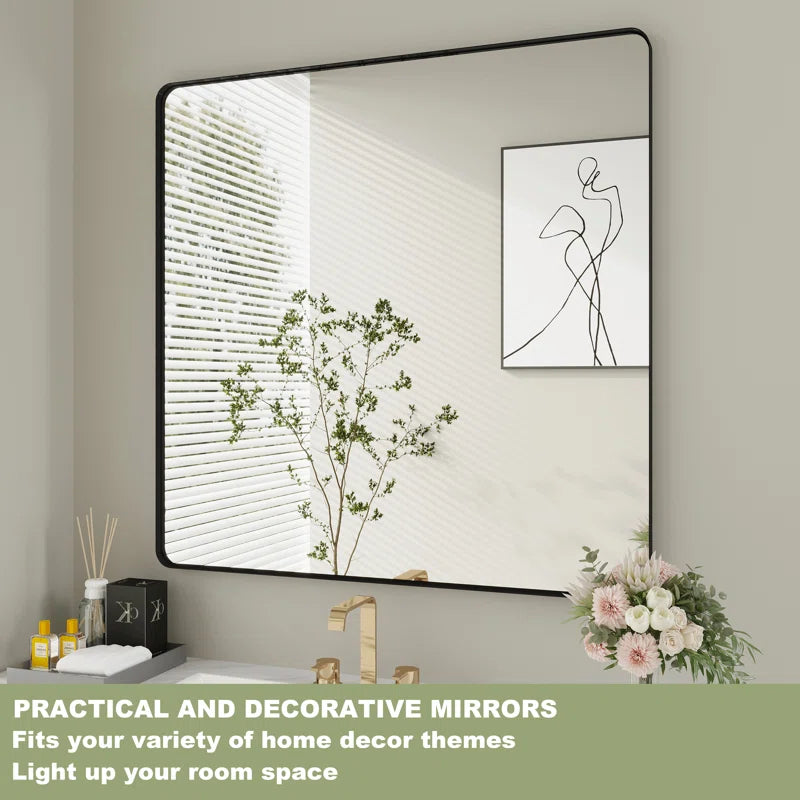 28" X 36" Filleted Corner Wall Mounted Mirror, Bathroom Mirror, Vanity Wall Mirror With Metal Frame