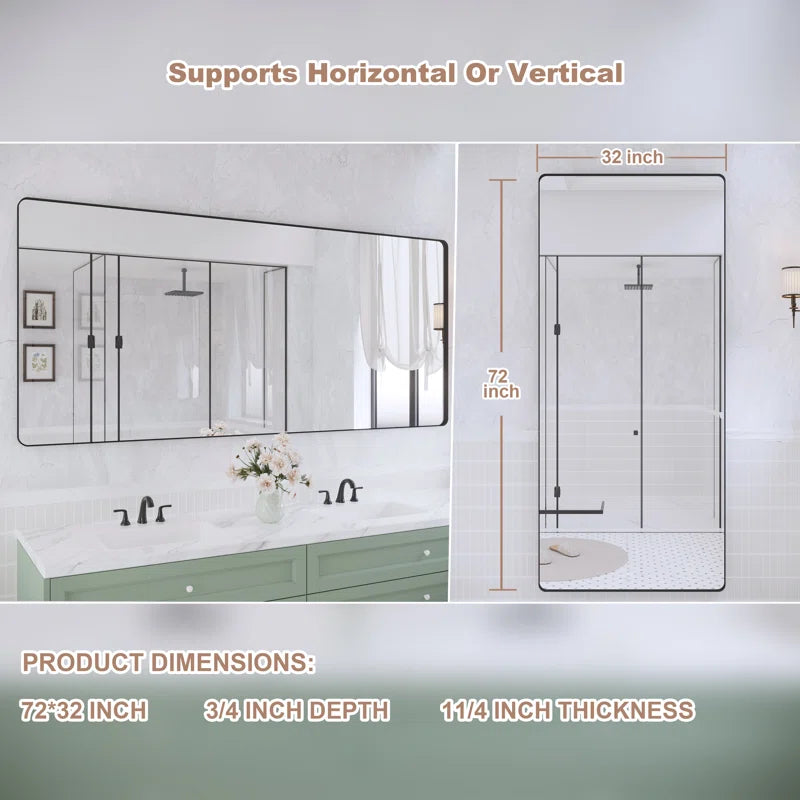 72" x 32" Filleted Corner Wall Mounted Mirror, Bathroom Mirror, Vanity Wall Mirror With Metal Frame