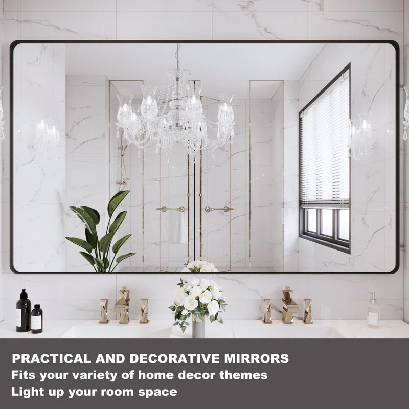 60" x 36"Filleted Corner Wall Mounted Mirror, Bathroom Mirror, Vanity Wall Mirror With Metal Frame