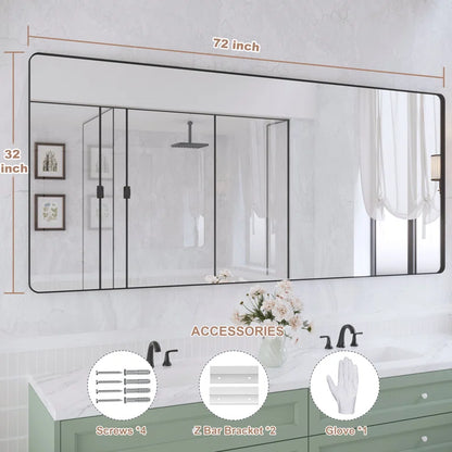 72" x 32" Filleted Corner Wall Mounted Mirror, Bathroom Mirror, Vanity Wall Mirror With Metal Frame