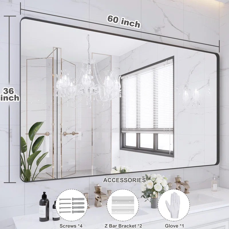 60" x 36"Filleted Corner Wall Mounted Mirror, Bathroom Mirror, Vanity Wall Mirror With Metal Frame