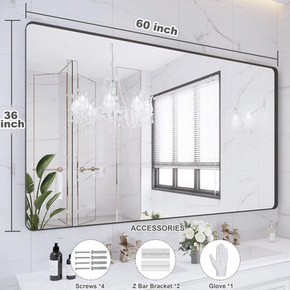 60" x 36"Filleted Corner Wall Mounted Mirror, Bathroom Mirror, Vanity Wall Mirror With Metal Frame