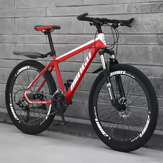Red-White Bike | 26" Bike,  21 Speeds, High Carbon Steel, Detachable, Adjustable Seat, Chain Drive, 150kg Capacity, Dual Disc Brakes, Rigid Frame, Oil Spring Fork, Standard Type, Ordinary Pedals, Front And Rear Mechanical Disc Brakes