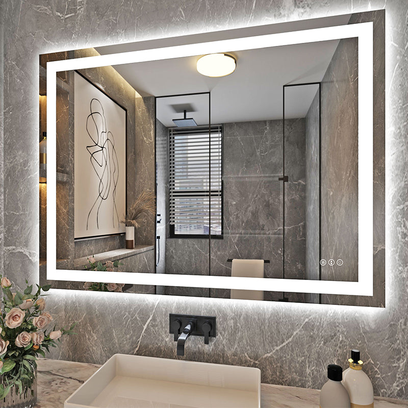 55" X 30" Tempered Glass Frameless LED Bathroom Mirror with Front and Backlight, Stepless Dimmable Wall Mirrors with Anti-Fog, 3 Colors, LED Vanity Mirror(Horizontal/Vertical)