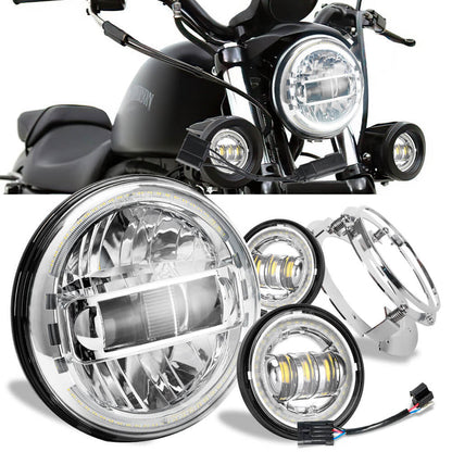 7 Inch- King Kong Headlight Black-4.5 Inch Fog Light Black-With Halo and Devil Eyes-With 7 Inch Black Bracket-Black Box 3PCS in a Set