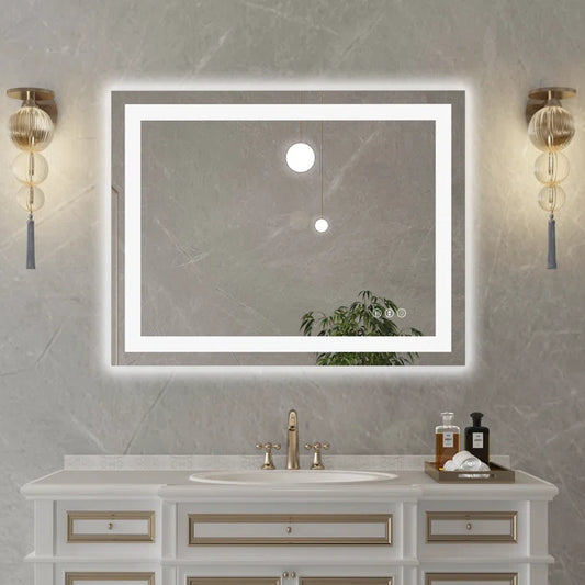 36" x 28" Tempered Glass Frameless LED Bathroom Mirror with Front and Backlight, Stepless Dimmable Wall Mirrors with Anti-Fog, 3 Colors, LED Vanity Mirror(Horizontal/Vertical)