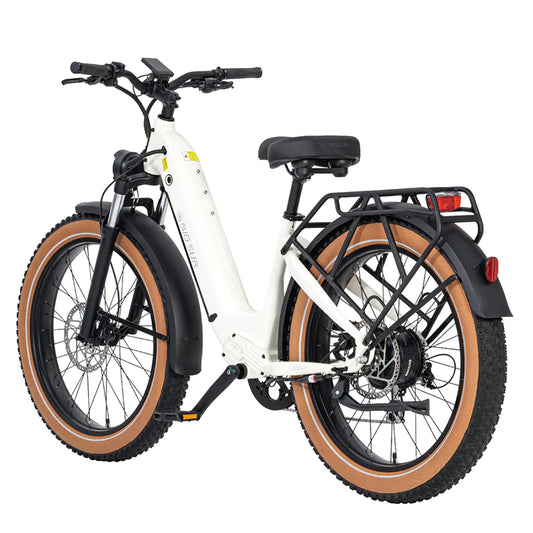 Big Sur Ivory White | Big Sur: a 26" x 4" fat tire e-bike with 750W motor, safe with big headlight, rotor & battery. Comfortable with 52T crankset & AIMA saddle.